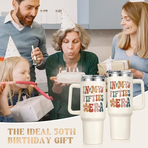 50th Birthday Gift Tumbler for Her 40oz Stainless Steel with Handle & Straw - 50s Era