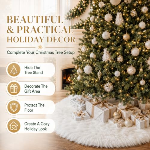 AISENO 36 Inch White Faux Fur Christmas Tree Skirt - Plush Tree Decorations
