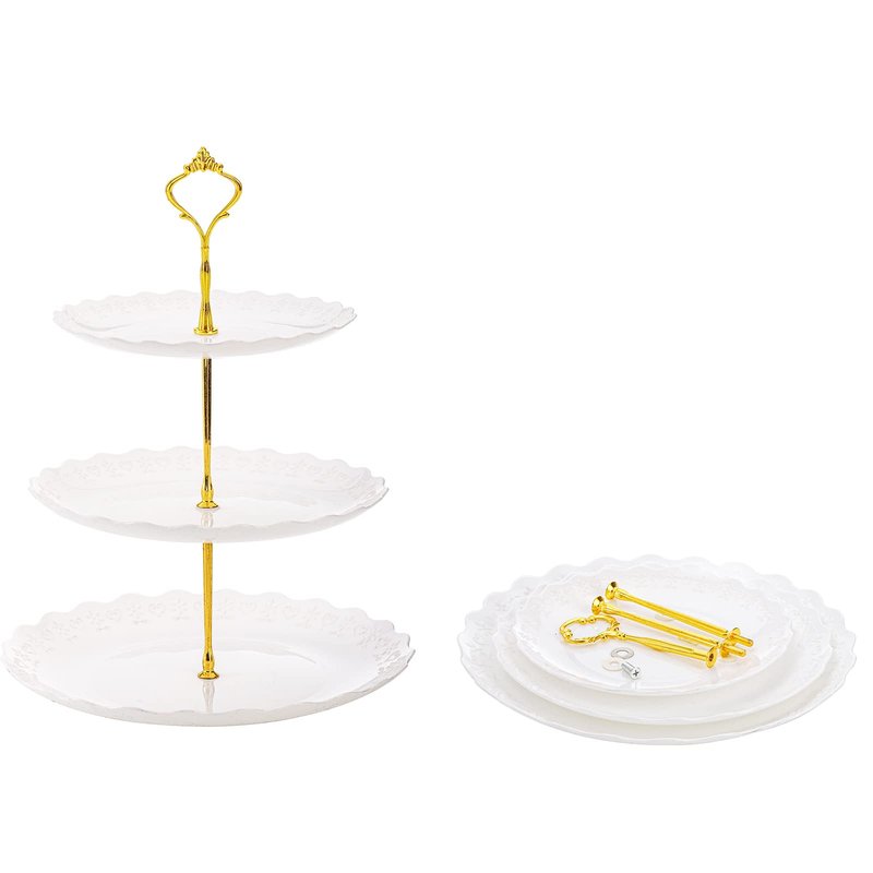 Tosnail 3 Pack 3 Tiers White Plastic Cupcake Stand Dessert Stand Tiered Serving Trays, Embossed Party Serving Trays Fruit Pastry Holders for Wedding and Party - Gold Crown Rod