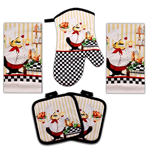 5-Piece Chef Design Kitchen Linen Set with Towels, Oven Mitt and Potholders