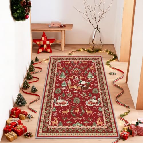 Artoid Mode Red Santa Claus Deer Christmas Area Rug 3x5 ft, Non-Slip Washable Holiday Home Decor