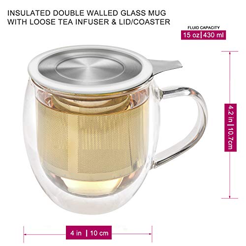 Teabloom 14.5 oz Stay-Hot Heatproof Glass Mug with Loose Tea Infuser & Lid – Blooming Tea Gift Set