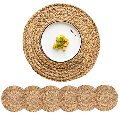 Round Woven Water Hyacinth Placemats, 13.5-Inch Braided Table Mats, Set of 6