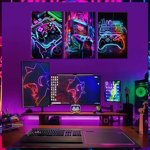 Neon Gaming Canvas Wall Art Posters Set of 3 for Boys Bedroom 12x16 Inch