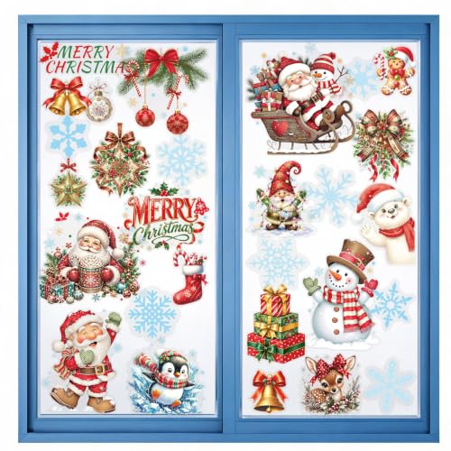 Traditional Christmas Window Clings Set - 28 Reusable Static Holiday Decals with Santa, Snowman & Reindeer - Double-Sided Xmas Decorations