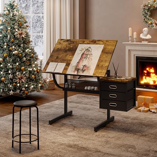 Adjustable Drafting Table with Stool - Tilting Art Desk with 3 Drawers