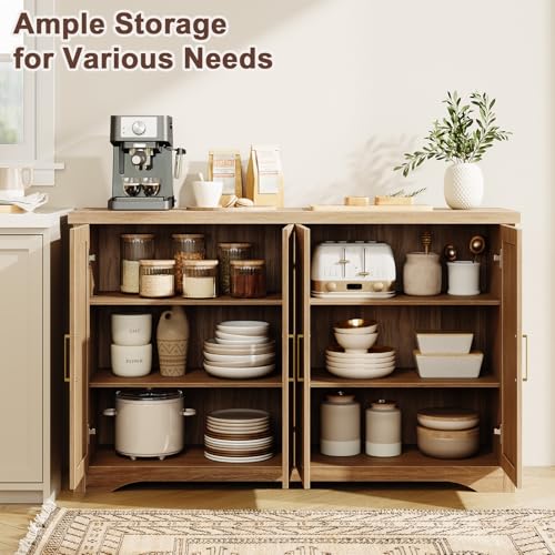 55-Inch Fluted Sideboard Buffet Cabinet with Adjustable Shelves, Natural Oak