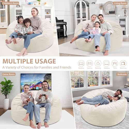 5ft Memory Foam Bean Bag Chair - Large Round Velvet Beanbag Sofa, Beige