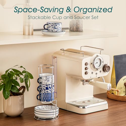 Vancasso 4oz Porcelain Espresso Cups Set of 4 with Saucers & Metal Stand - Stackable Coffee Mugs