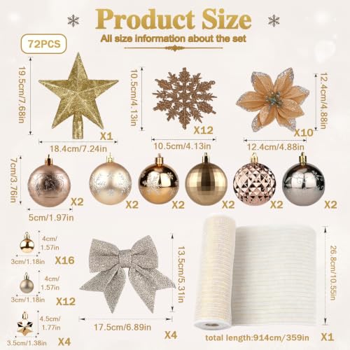 CLEANGOR 72Pcs Christmas Ornament Set – Champagne Gold Decor Kit