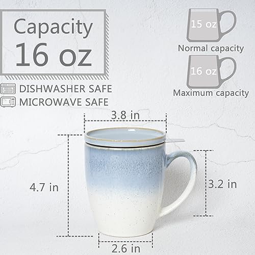 Bosmarlin Blue Ceramic Tea Mug with Infuser & Lid 16 Oz Gradient Glaze