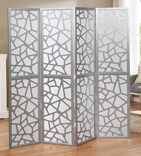 4-Panel Mosaic Room Divider with Silver Frame, White Folding Privacy Screen