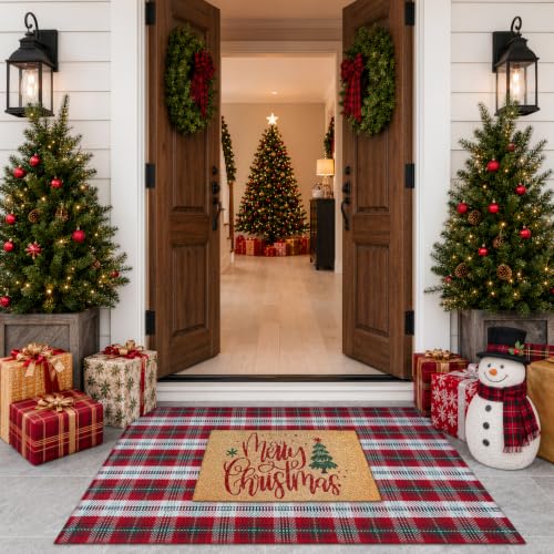 KIMODE Christmas Door Mat Outdoor Red & Green Plaid 3x5 ft Rug - Holiday Decor