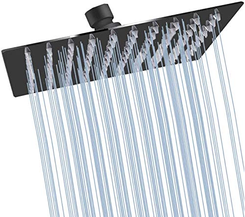 6-Inch Square Rainfall Shower Head, High Pressure Stainless Steel Black