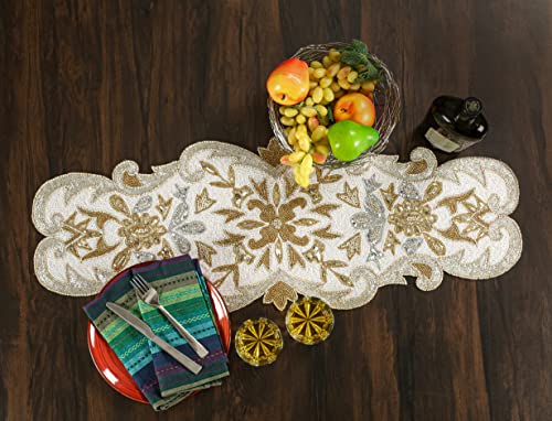 Hand Beaded Silver Gold Ivory Table Runner 13x36 — Homebia Designs, Elegant Holiday Décor