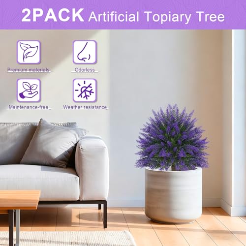 2Pcs 24-Inch Artificial Lavender Topiary Ball Trees, UV-Resistant Faux Shrubs