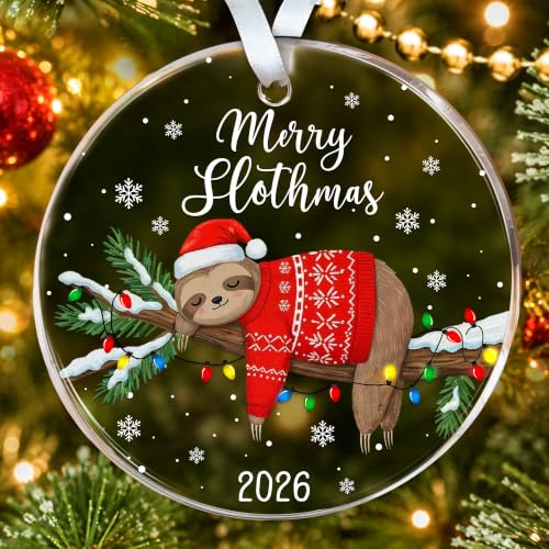 HEXMOZ Sloth Christmas Ornament 2026 – Acrylic Sloth Ornament, 3.5" with Giftable Packaging (Variation: Sloth 2)