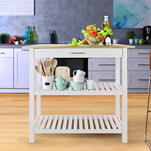 Solid Wood Kitchen Island Cart with Storage Shelves and Drawer, 40-Inch