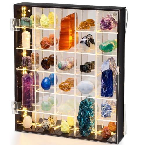 30-Grid Acrylic Display Case with LED Light and Magnetic Door for Rocks