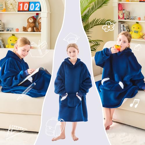 Nord Eco Navy Blue Wearable Blanket Hoodie for Kids & Teens 6-13 | Sherpa Fleece Hooded Blanket Sweatshirt