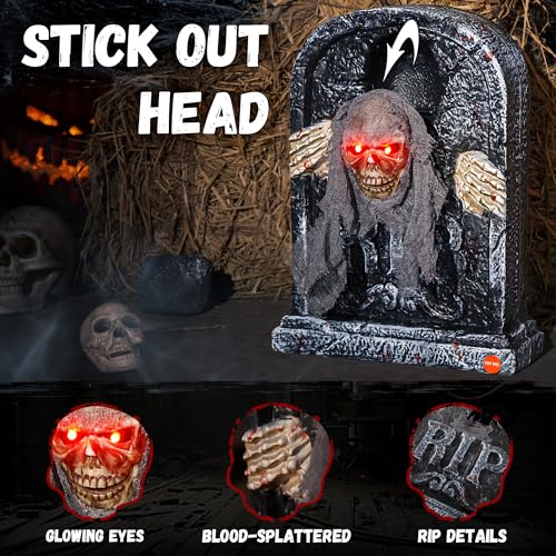 Animatronic Halloween Tombstone with Moving Skeleton, LED Eyes & Sound