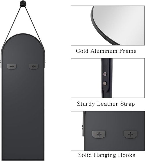 TinyTimes 48"x16" Hanging Mirror with Leather Strap,Arched Full Length Mirror with Aluminum Frame Wall-Mounted Hanging Mirrors for Bathroom Vanity Living Room Bedroom Entryway Décor, Black