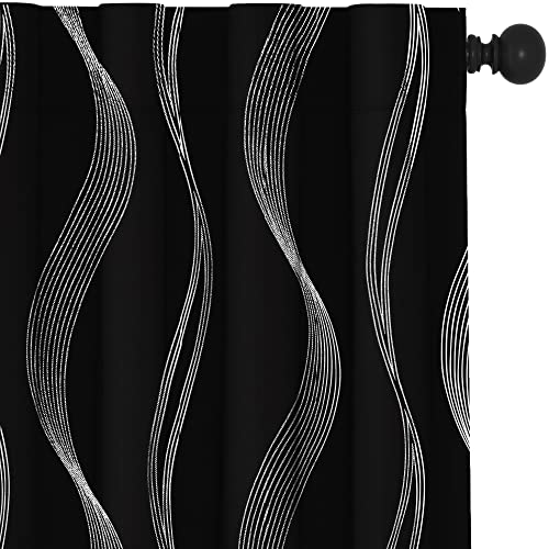 Deconovo Blackout Back Tab Curtains with Geometric Pattern, Room Darkening, Heat Blocking, Energy Saving Drapes for Bedroom, Living Room, 2 Panels, Black, 42W x 84L Inch, Wave Stripe