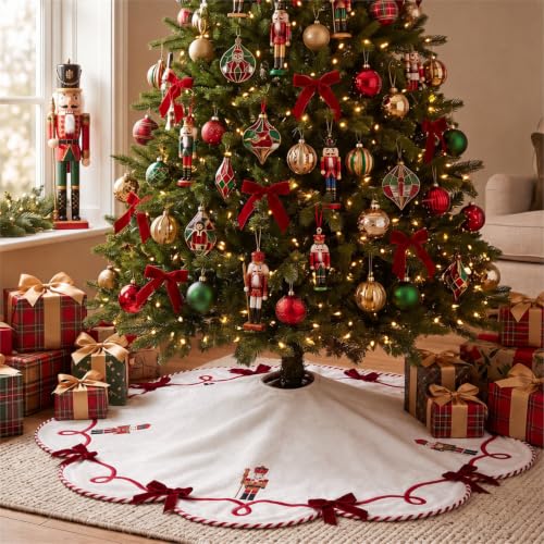 Blueweenly Classic 36 Inch Nutcracker Christmas Tree Skirt in Red, Festive Holiday Decor