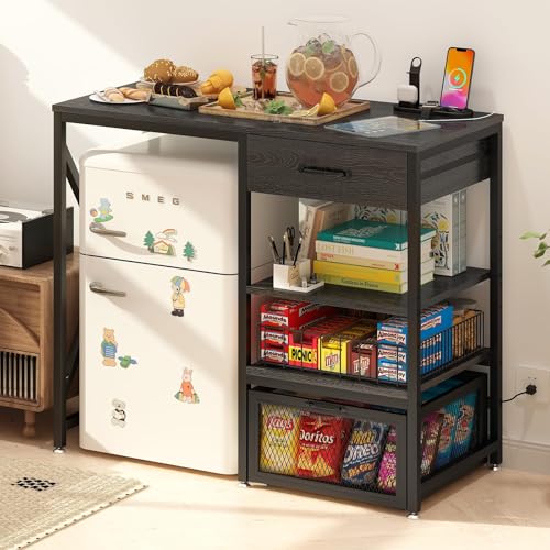 Mini Fridge Stand with Power Outlet, Adjustable Shelves and Storage Drawers