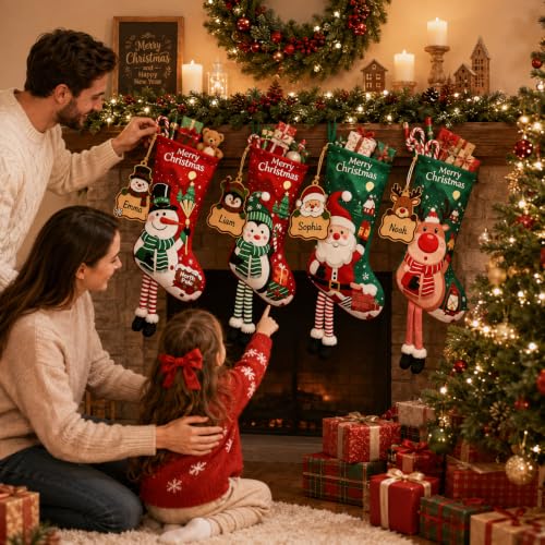 4Pack Large 18in Personalized Christmas Stockings with Wooden Name Tags - Red & Green