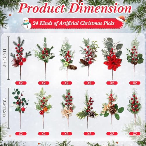 Suncalla 24 Pcs Christmas Berry Picks with Pinecones Holly - Holiday Decor