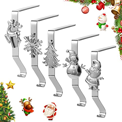 Set of 5 Christmas Stocking Holders for Mantel - Decorative Alloy Hooks