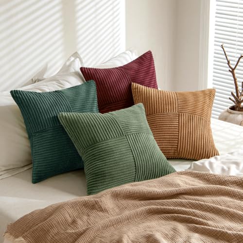 MIULEE 20x20 Inch Christmas Green Patchwork Corduroy Throw Pillow Covers Set of 4