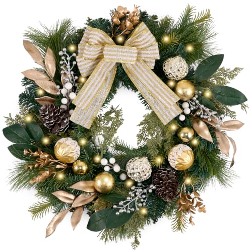 DecorbyHannah 20-Inch Modern Gold & White Prelit Christmas Door Wreath with Lights