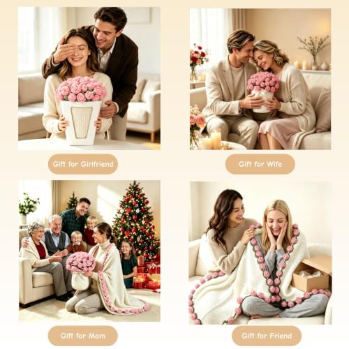 Pink Crochet Rose Bouquet Throw Blanket - Handmade Knit 43in by VORPVAOE