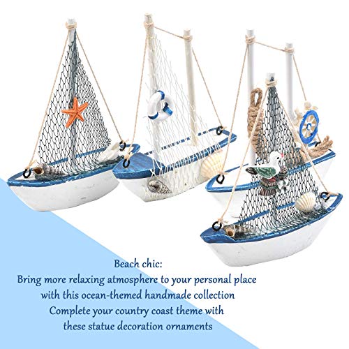 4-Piece Mini Wooden Sailboat Table Decor - Nautical Beach Bathroom Ornament
