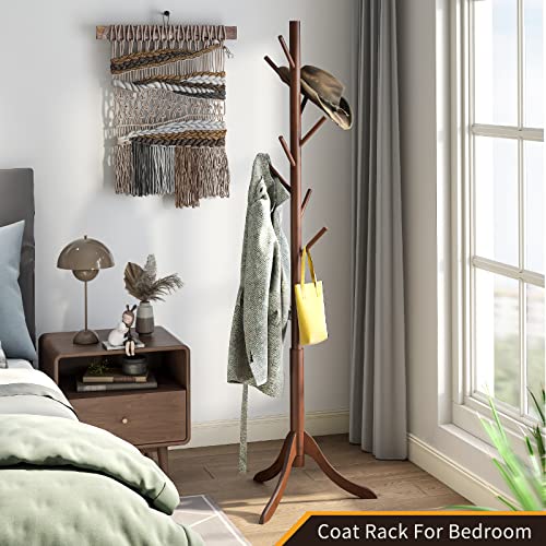 Adjustable Bamboo Freestanding Coat Rack with 8 Hooks for Entryway