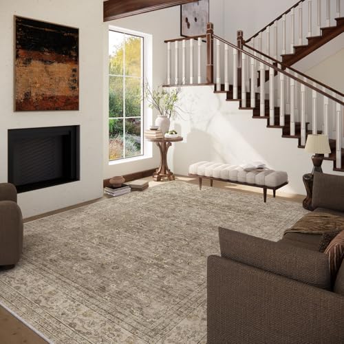Vintage 9x12 Washable Area Rug - Non-Slip Stain-Resistant Low-Pile Carpet