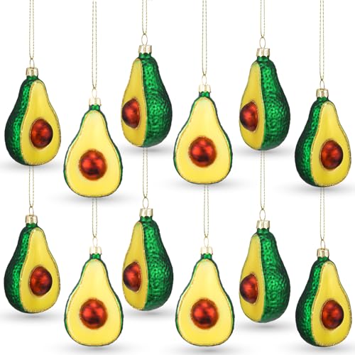 Avocado Glass Christmas Ornaments — 12-pack, 4in Glitter Green Decorations