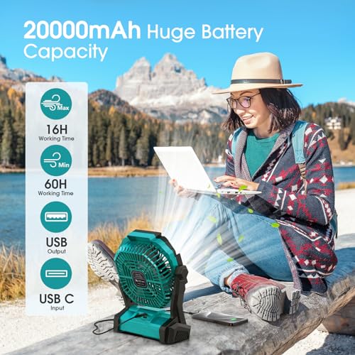 Portable Battery Operated Fan with LED Lantern and 20000mAh Cordless Power