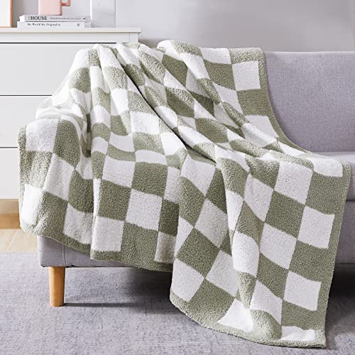Soft Checkered Throw Blanket - Cozy Sage Green Knitted Couch Blanket (50x70)
