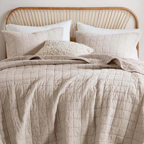 Queen Size Linen Quilt - Breathable Box-Stitch Coverlet