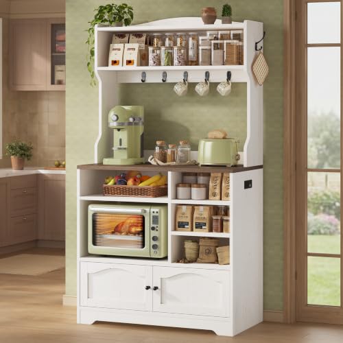 31.5-inch Farmhouse Bakers Rack with Power Outlet and Storage Cabinet