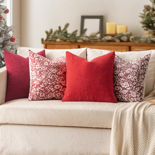 MIULEE Christmas Red Chenille Throw Pillow Covers 18x18 Pack of 2