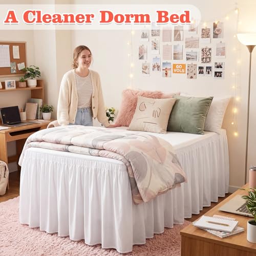 Twin XL Wrap Around Bed Skirt 32 Inch Drop - White Microfiber Dust Ruffle