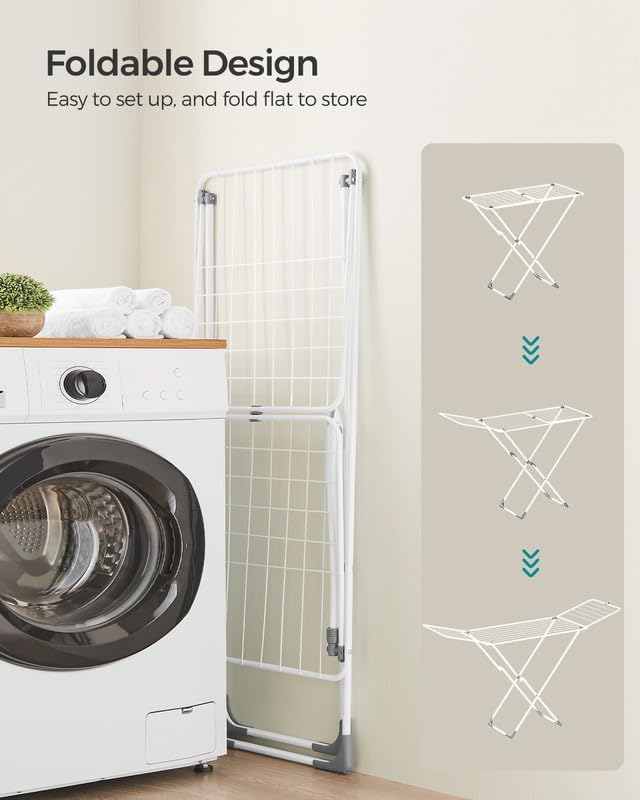 SONGMICS Clothes Drying Rack - Foldable Metal Laundry Airer for Indoor/Outdoor Use | Space-Saving Design, White