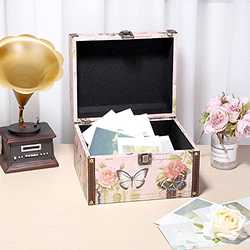 Large Vintage Wooden Treasure Chest Jewelry Box with Butterfly Pattern