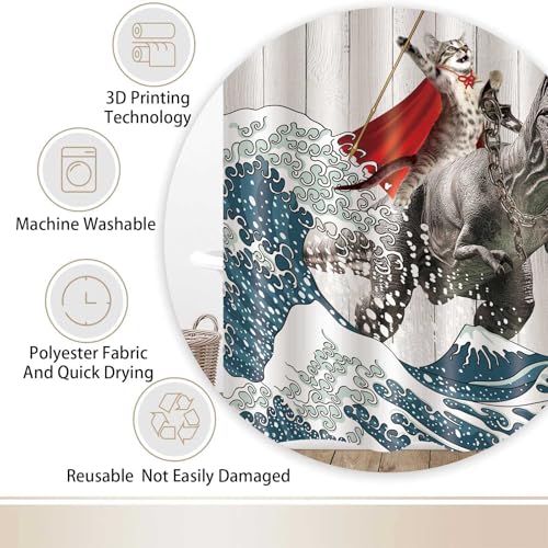 Funny Cat Riding Dinosaur Shower Curtain Waterproof Polyester 72x72 Inch