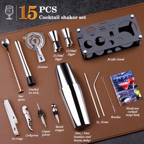 Wukuna 15-Piece Cocktail Shaker Bartender Kit with Acrylic Stand - Professional Bar Set