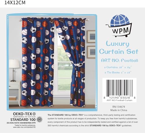 Sports Print Bedroom Curtain Set 4-Piece with Tie Backs, Blue